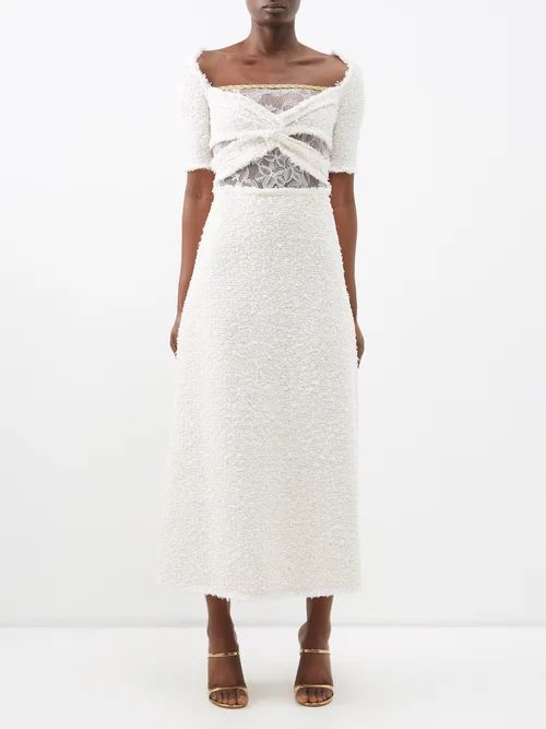Lace-insert Bouclé Midi Dress - Womens - White
