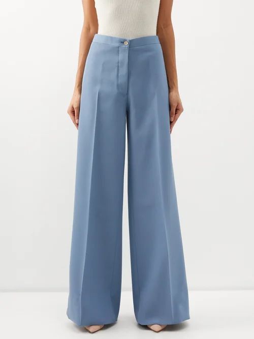 The Leila Wool-drill Wide-leg Trousers - Womens - Light Blue
