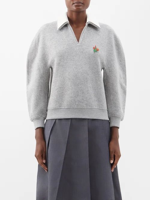 V-neck Detachable-collar Wool-blend Sweater - Womens - Grey