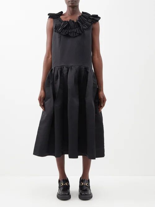 Ruffled Satin Midi Dress - Womens - Black