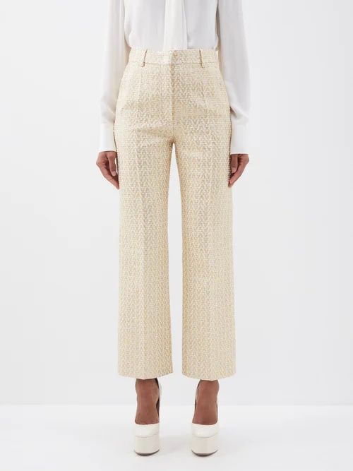 Optical Valentino Cotton-blend Tweed Trousers - Womens - Cream Gold