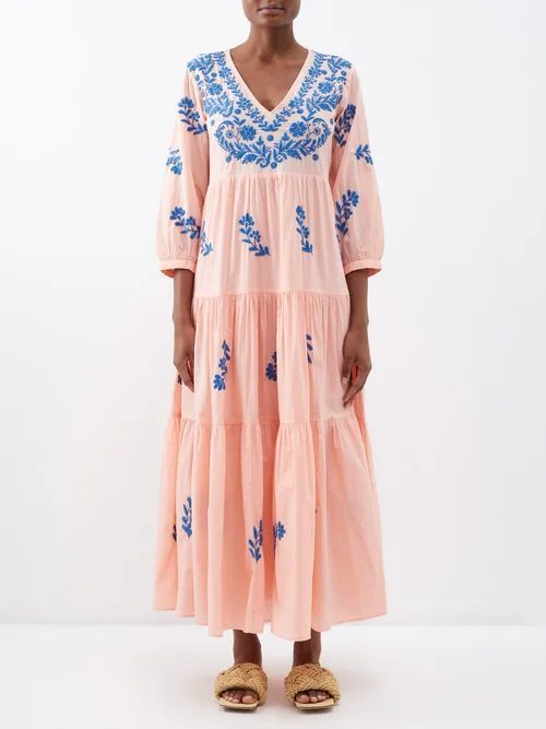Frangipani Flower-embroidered Organic-cotton Dress - Womens - Pink Blue