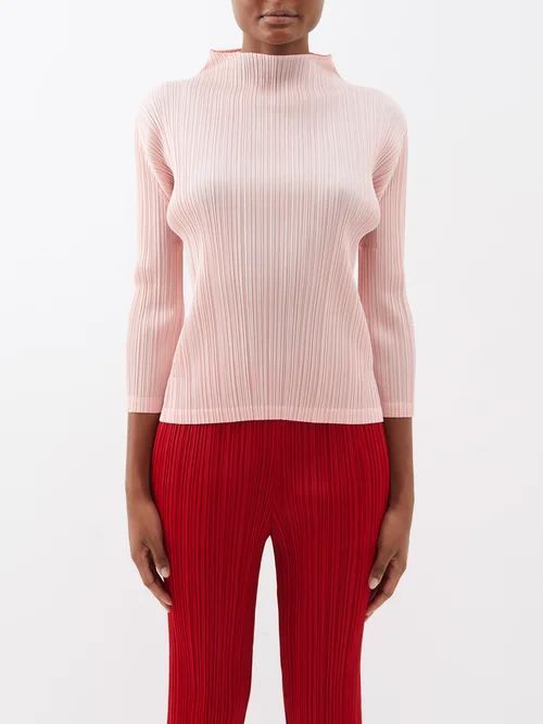 High-neck Technical-pleated Long-sleeved Top - Womens - Light Pink