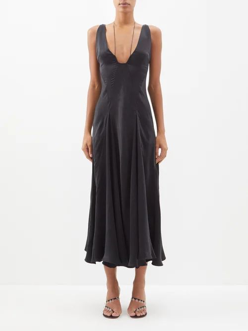 Tauri V-neck Satin Midi Dress - Womens - Black