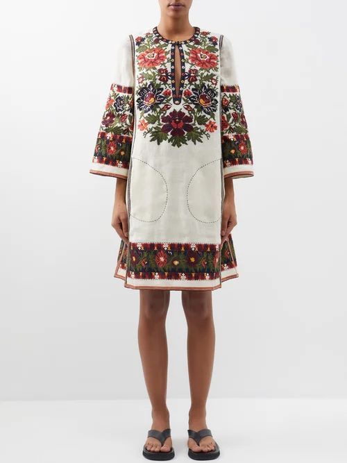 Tender Floral-jacquard Linen Dress - Womens - Cream Multi