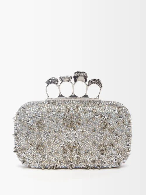 Skull Four-ring Studded Crystal Clutch Bag - Womens - Silver