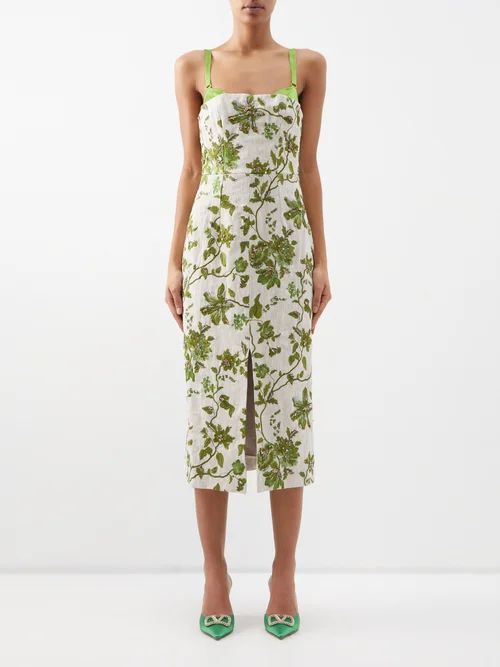 Susanne Crystal-embellished Linen Midi Dress - Womens - Green Multi