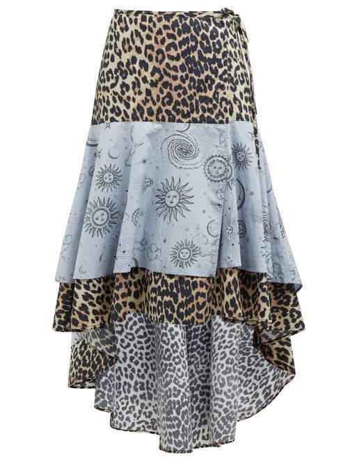 Leopard And Moon-print Dip-hem Cotton Skirt - Womens - Blue Multi