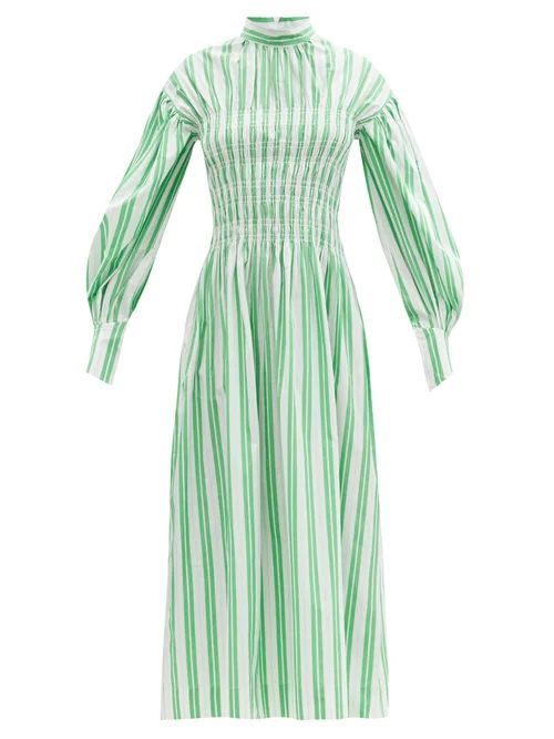 Smocked-bodice Striped Cotton-poplin Midi Dress - Womens - Green White