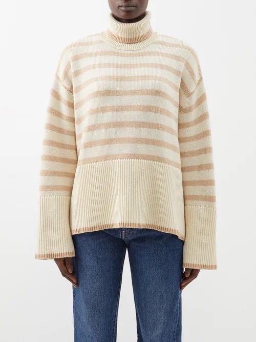 Striped Roll-neck Wool-blend Sweater - Womens - Beige Multi