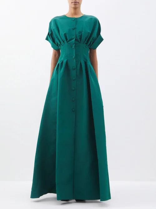 Corset-waist Silk-faille Gown - Womens - Dark Green
