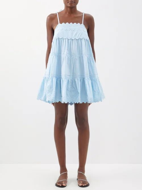 Ricrac-trim Scalloped Cotton Dress - Womens - Sky Blue