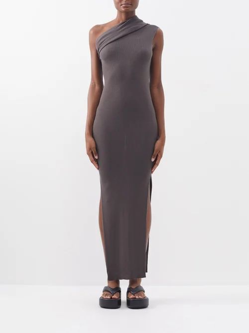 One-shoulder Ribbed Wool-jersey Dress - Womens - Dark Beige