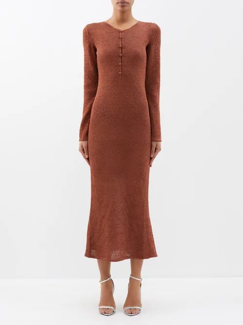 Button-front Open-knit Raffia Midi Dress - Womens - Bronze