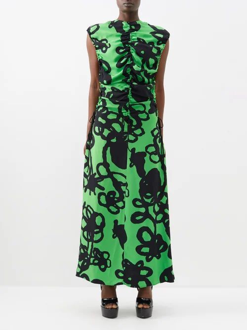 Chroma Ivy-print Ruched Crepe Dress - Womens - Green Black