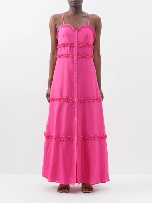 Connie Ruffle-trim Cotton-blend Maxi Dress - Womens - Fuchsia