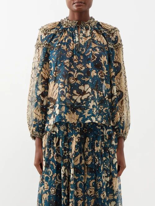 Meja Floral-print Silk-chiffon Blouse - Womens - Blue Multi