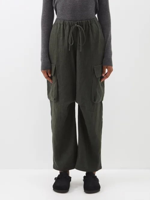 Brushed-linen Cargo Trousers - Womens - Dark Grey