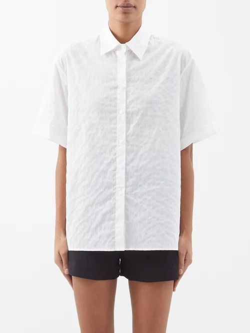 Embroidered-stripe Organic-cotton Shirt - Womens - White