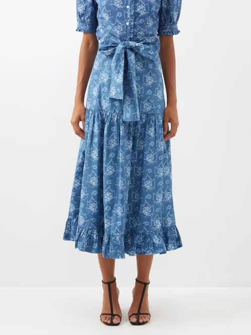 Natasha Ruffled Floral-print Cotton Midi Skirt - Womens - Blue White