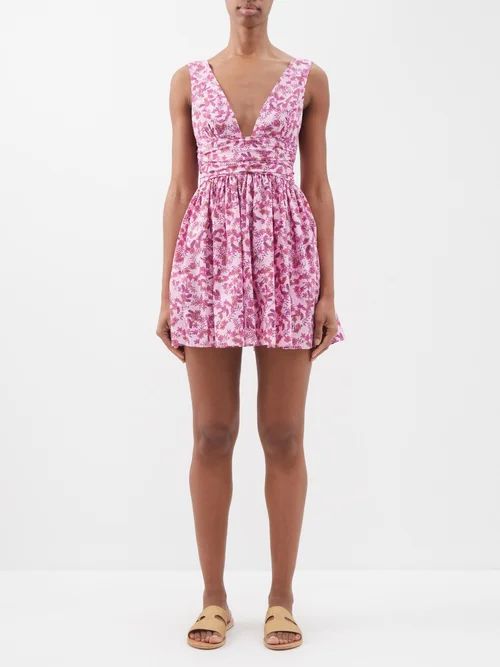 Plunge-front Floral-cotton Mini Dress - Womens - Pink Print