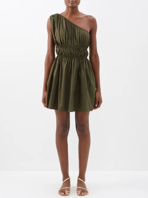 One-shoulder Shirred Organic-cotton Mini Dress - Womens - Olive