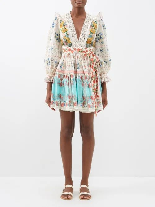 Clover Floral-print Patchwork Cotton Mini Dress - Womens - Ivory Multi