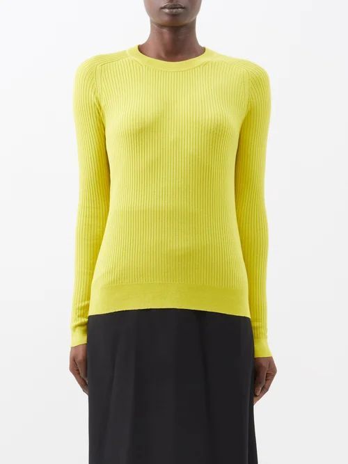 Round-neck Ribbed-silk Sweater - Womens - Yellow
