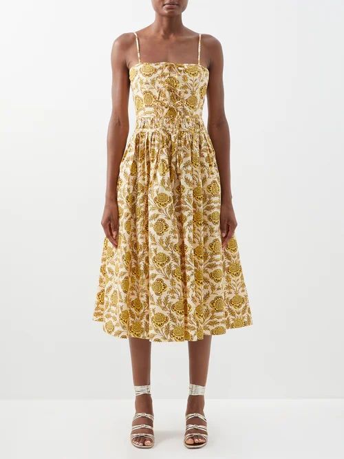 Katrina Floral Cotton-poplin Midi Dress - Womens - Gold Multi