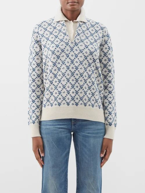 The Astrid Geometric-intarsia Wool-blend Sweater - Womens - Navy White