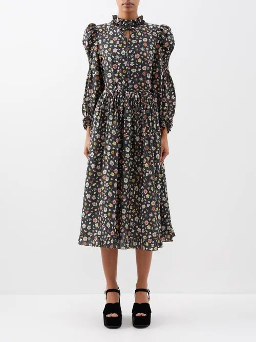 Yuzuki Puffed-sleeve Floral-print Cotton Dress - Womens - Black Multi