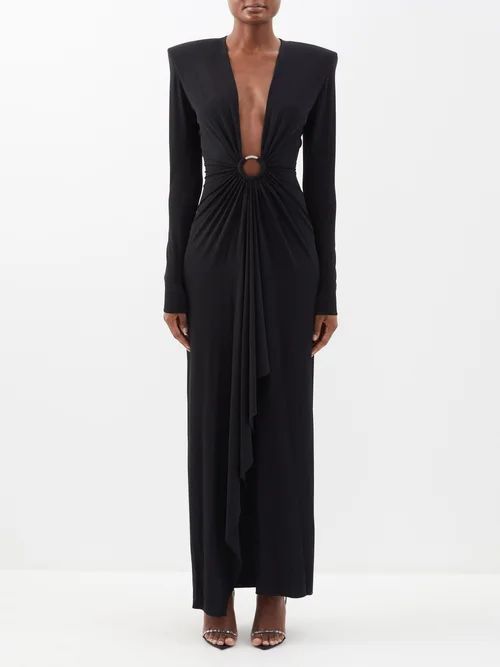 Crystal-ring Plunge-neck Jersey Gown - Womens - Black