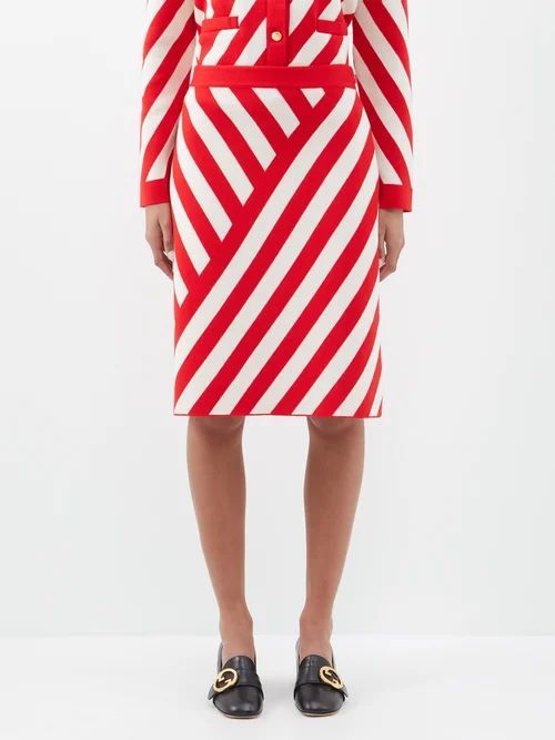 Chevron-stripe Wool A-line Skirt - Womens - Red White