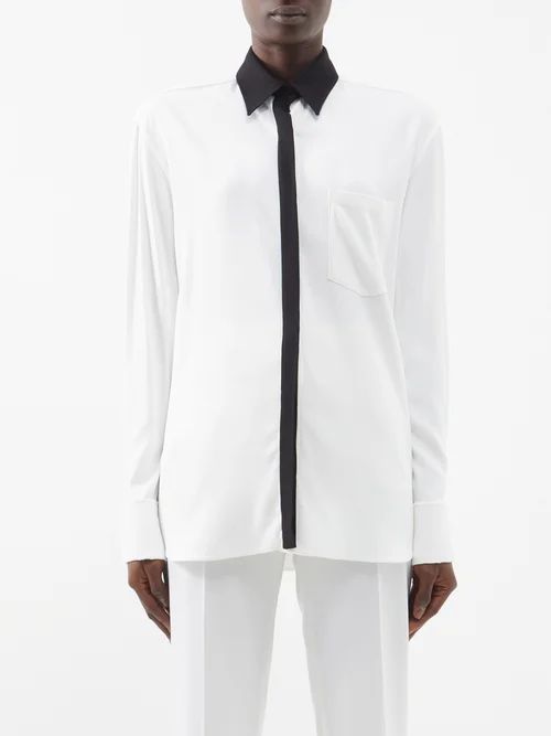 Contrast-collar Crepe Shirt - Womens - White Black