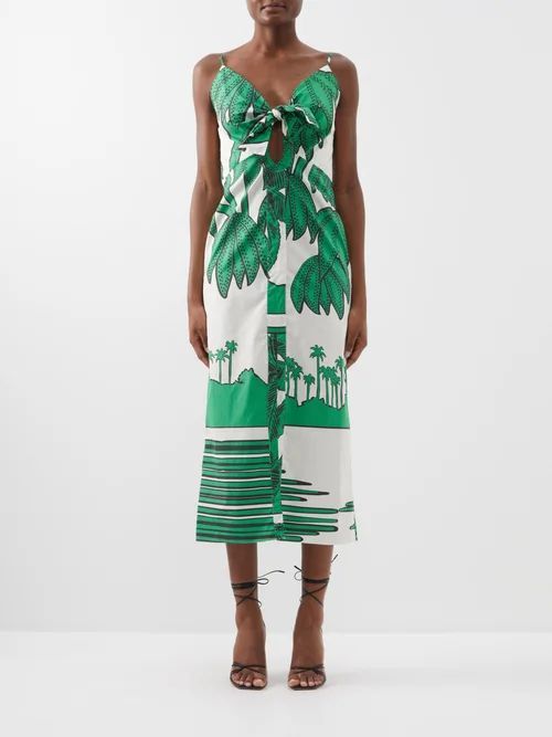 Palm-print Organic-cotton Midi Dress - Womens - Green Print