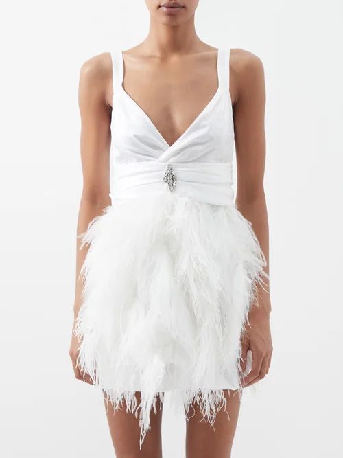 Crystal Feather-trimmed Silk-satin Mini Dress - Womens - White