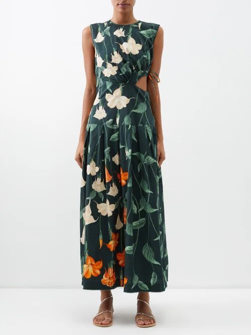 Otono Floral-print Cutout Cotton-poplin Dress - Womens - Green Print
