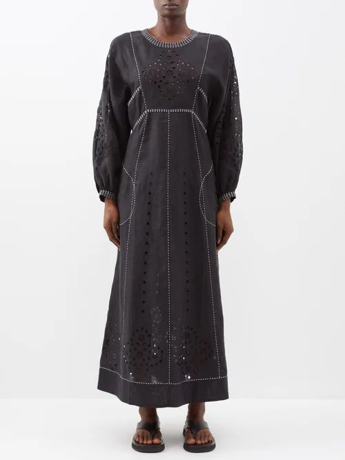 Renata Broderie-anglaise Linen Dress - Womens - Black