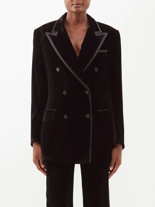 Double-breasted Velvet Suit Jacket - Womens - Black
