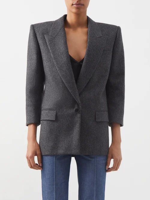 Cropped-sleeve Wool-tweed Blazer - Womens - Dark Grey