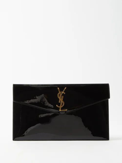 Uptown Ysl-plaque Patent-leather Clutch Bag - Womens - Black