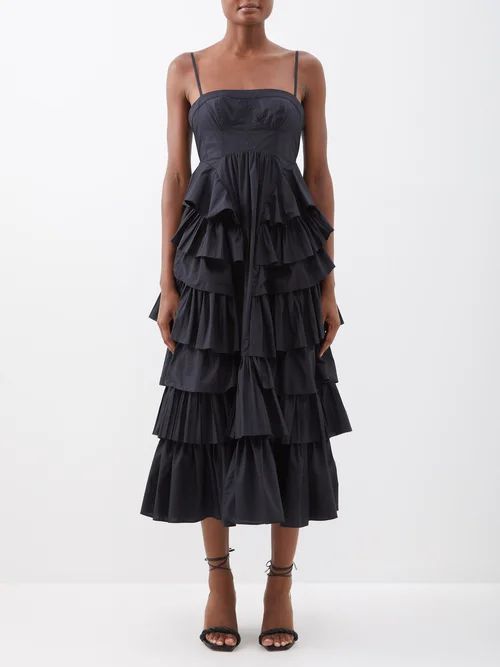 Avery Tiered Cotton-poplin Midi Dress - Womens - Black