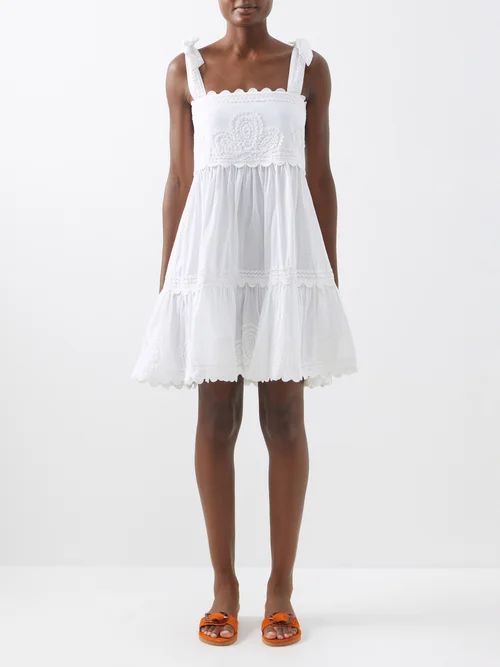 Tie-shoulder Ricrac-trim Cotton Dress - Womens - White