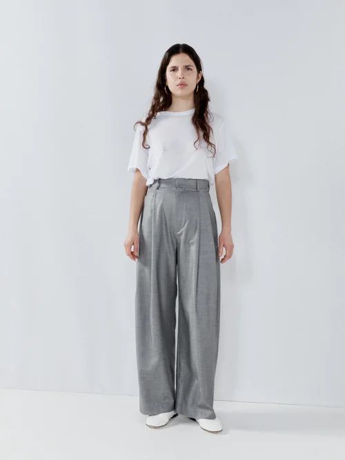 Wide-leg Wool And Silk-blend Trousers - Womens - Grey