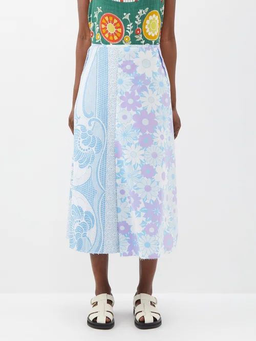 Tropicalia Upcycled Printed Cotton Midi Skirt - Womens - Blue Multi