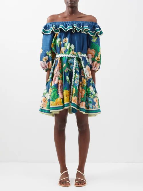 Lyla Off-the-shoulder Floral-print Linen Dress - Womens - Blue Multi