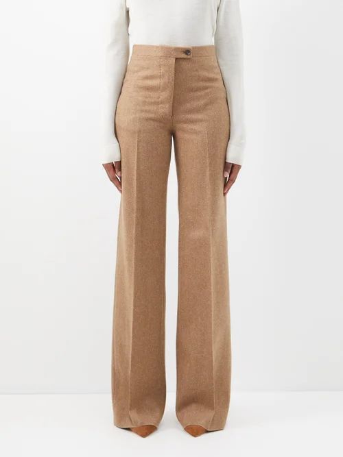 The Laura Flared Herringbone-merino Trousers - Womens - Beige Brown