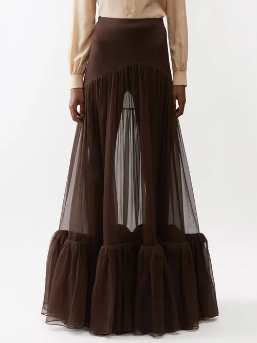 Ruffled Silk-cigaline Maxi Skirt - Womens - Brown