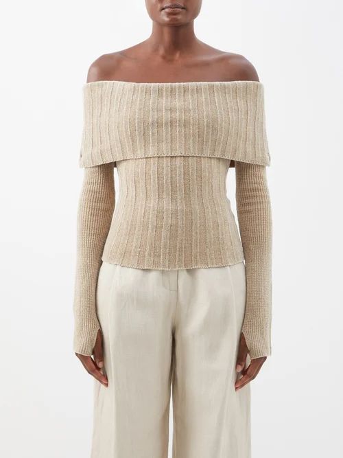 Duci Off-the-shoulder Ribbed Chenille Sweater - Womens - Dark Beige