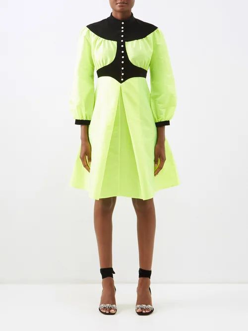 Ashlyn Taffeta And Velvet Midi Dress - Womens - Green Multi